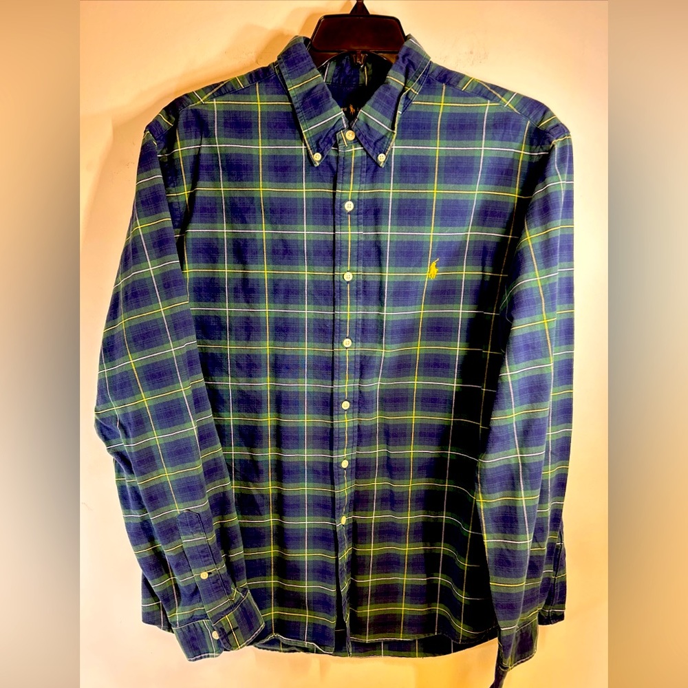 Ralph Lauren Shirt Mens 2XL Yellow Pony Long Sleeve Button Up Green Madras Plaid
